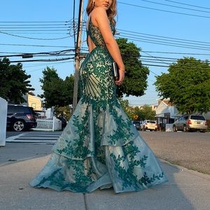 Camille La Vie Embroidered Beaded Keyhole Back Tiered Mermaid Prom Dress
